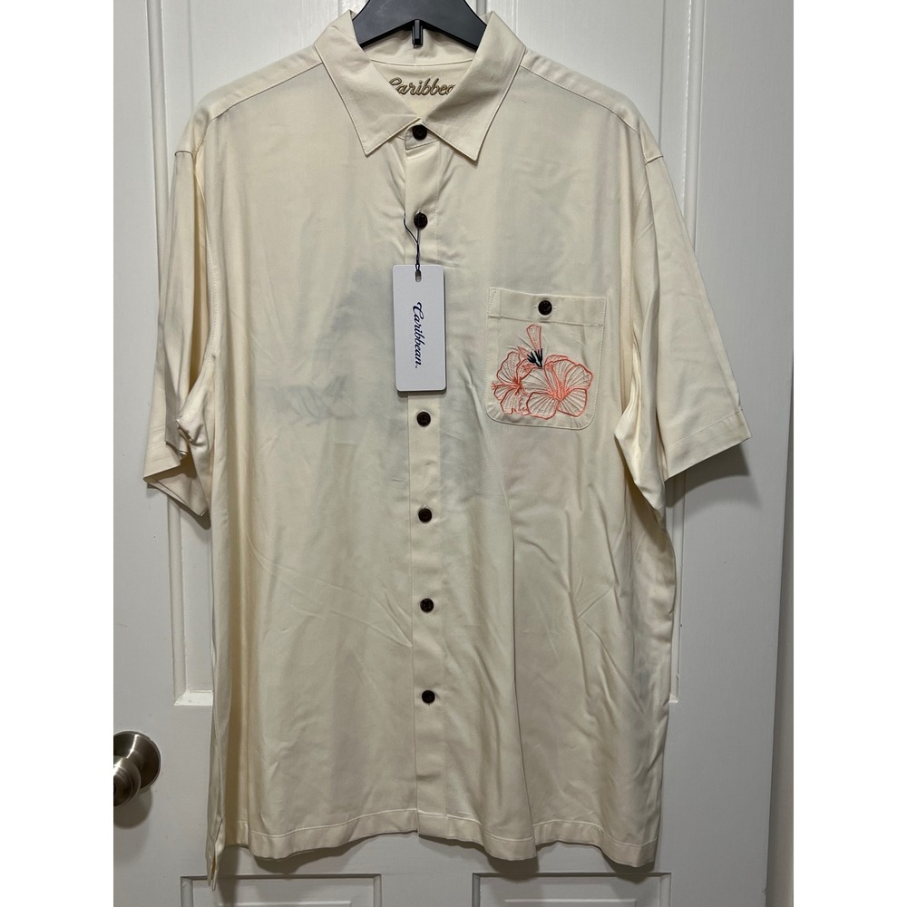 NWT Caribbean Roundtree & Yorke Mens XL Cream Embroidered Beach Bar Camp Shirt